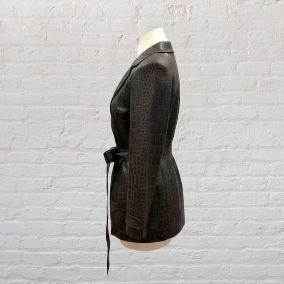 Bisou Bisou Croc Print Belted Jacket Brown/Black Faux Leather Look Trench Size L - Picture 7 of 13